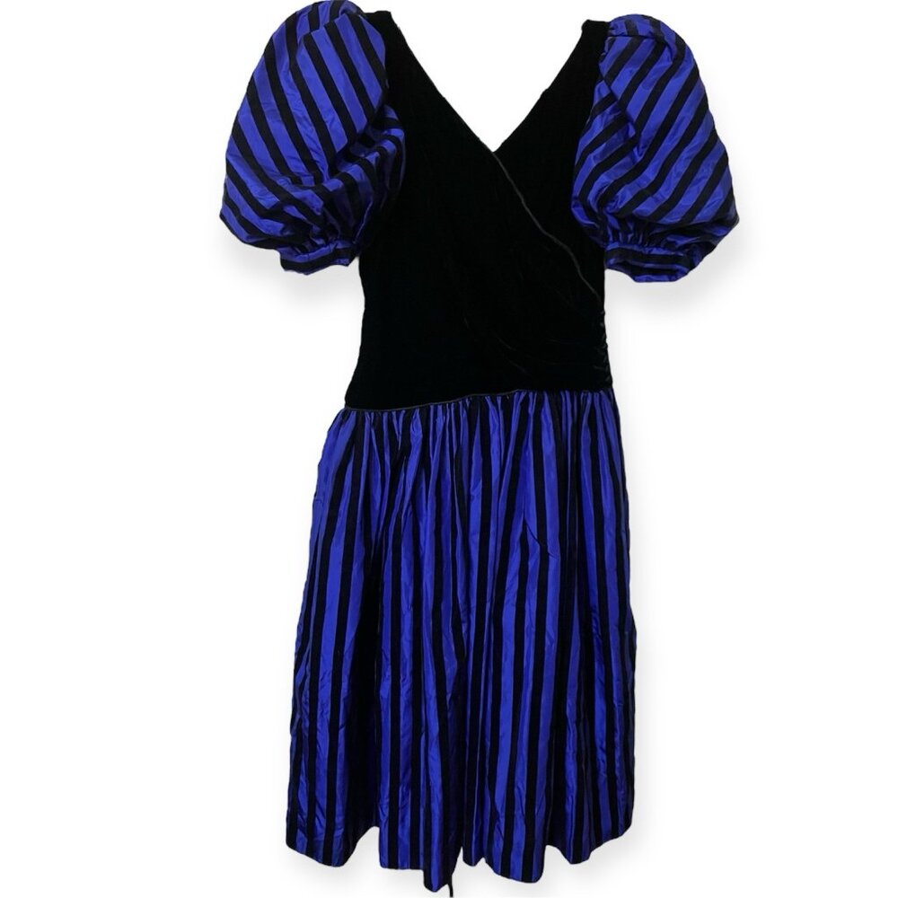 Lalique Hildegard Sausik Gown Midi Dress Womens 10 Blue Black Stripe‎ Costume